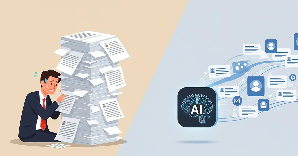An infographic comparing a human recruiter to AI recruitment tools, showing the efficiency of the AI hiring process.