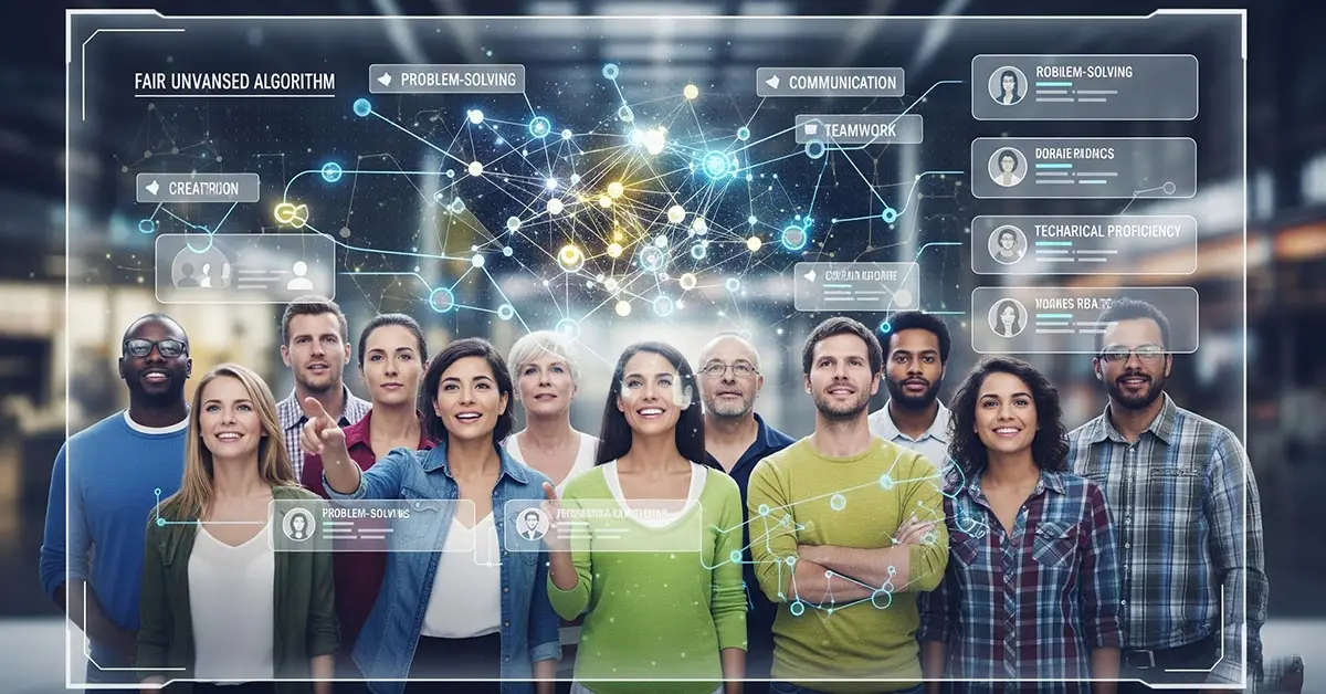 A diverse group of candidates being fairly assessed by an algorithm, representing the goal of overcoming AI bias in hiring in the future of hiring.