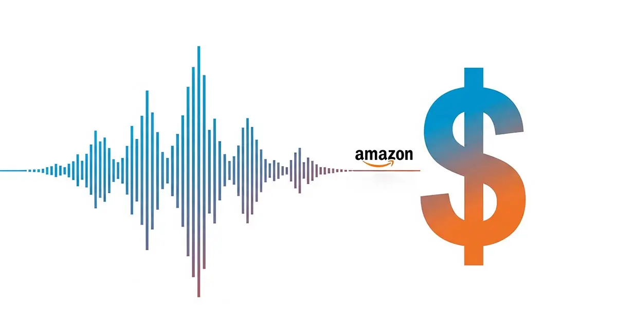 A soundwave turning into a dollar sign, symbolizing the monetization of the future of voice assistants with ads on Alexa.