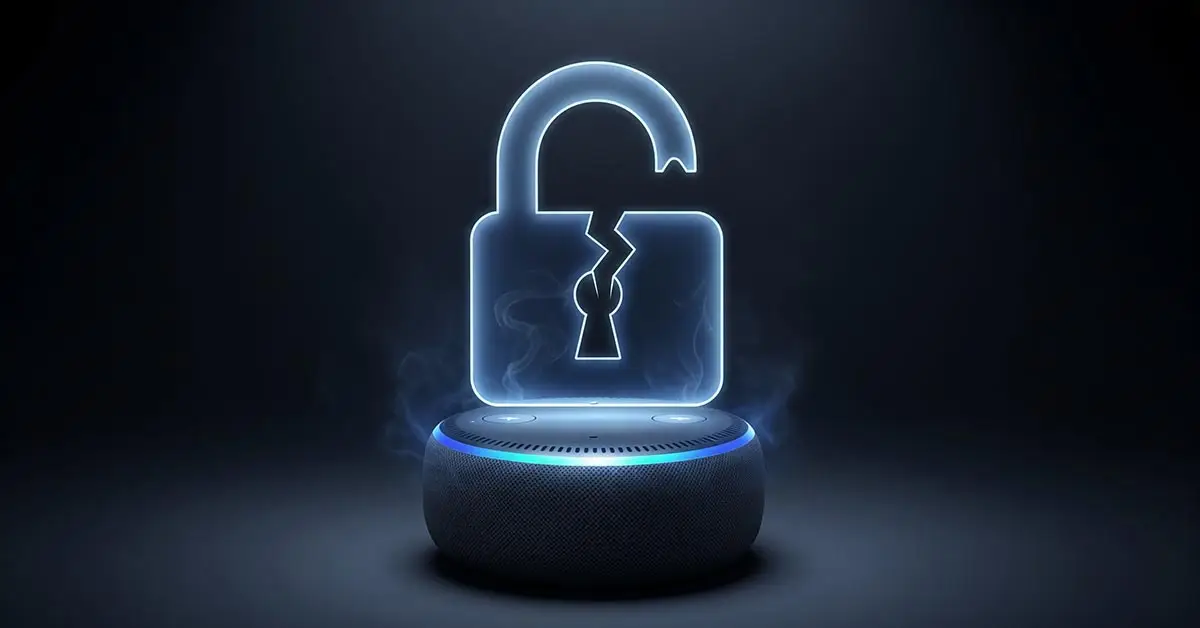 An Amazon Echo device with a padlock, illustrating the smart speaker privacy concerns related to Amazon conversational advertising.