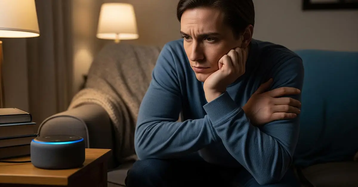 A user contemplating their smart speaker, thinking about the implications of Alexa Plus ads and the future of the technology.