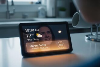 An Amazon Echo device showing the new Amazon conversational advertising, raising questions about ads on Alexa and smart speaker privacy.