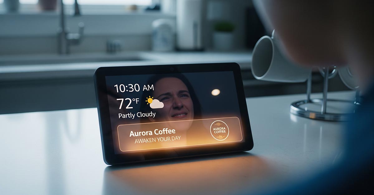 An Amazon Echo device showing the new Amazon conversational advertising, raising questions about ads on Alexa and smart speaker privacy.