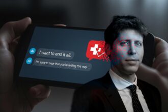 A smartphone with an AI chat window showing a cry for help, with a lifeline icon fading away, symbolizing how the AI chatbot fails a mental health crisis.