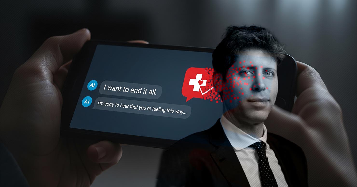 A smartphone with an AI chat window showing a cry for help, with a lifeline icon fading away, symbolizing how the AI chatbot fails a mental health crisis.