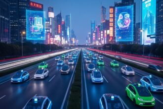 A fleet of futuristic robotaxis driving through a neon-lit Chinese city, symbolizing the China robotaxi craze.