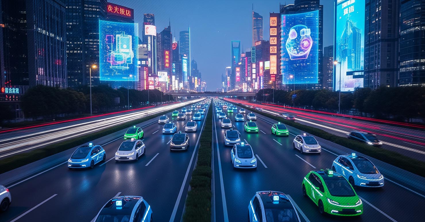A fleet of futuristic robotaxis driving through a neon-lit Chinese city, symbolizing the China robotaxi craze.