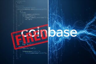 The Coinbase logo split in half, one side showing traditional code and the other showing AI-generated code, with a 'fired' stamp over the traditional side.