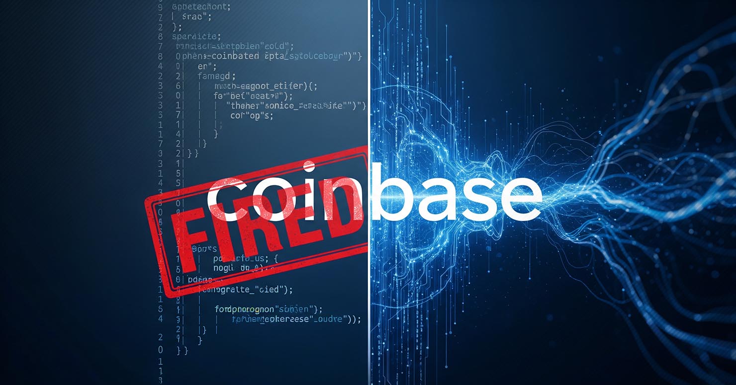 The Coinbase logo split in half, one side showing traditional code and the other showing AI-generated code, with a 'fired' stamp over the traditional side.