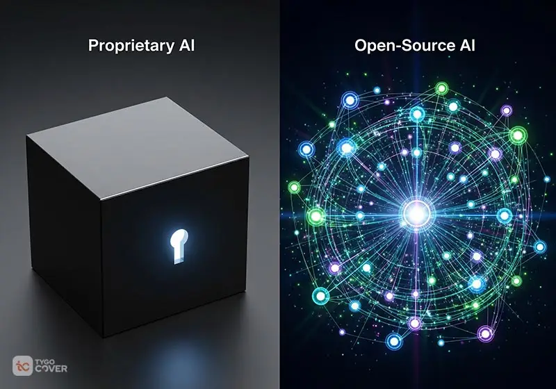 A digital art piece showing a locked, proprietary black box versus an open, transparent, collaborative network of nodes.