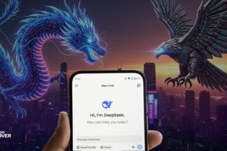 A stylized dragon made of data streams faces off against a metallic eagle, symbolizing the DeepSeek AI challenge to Western tech.