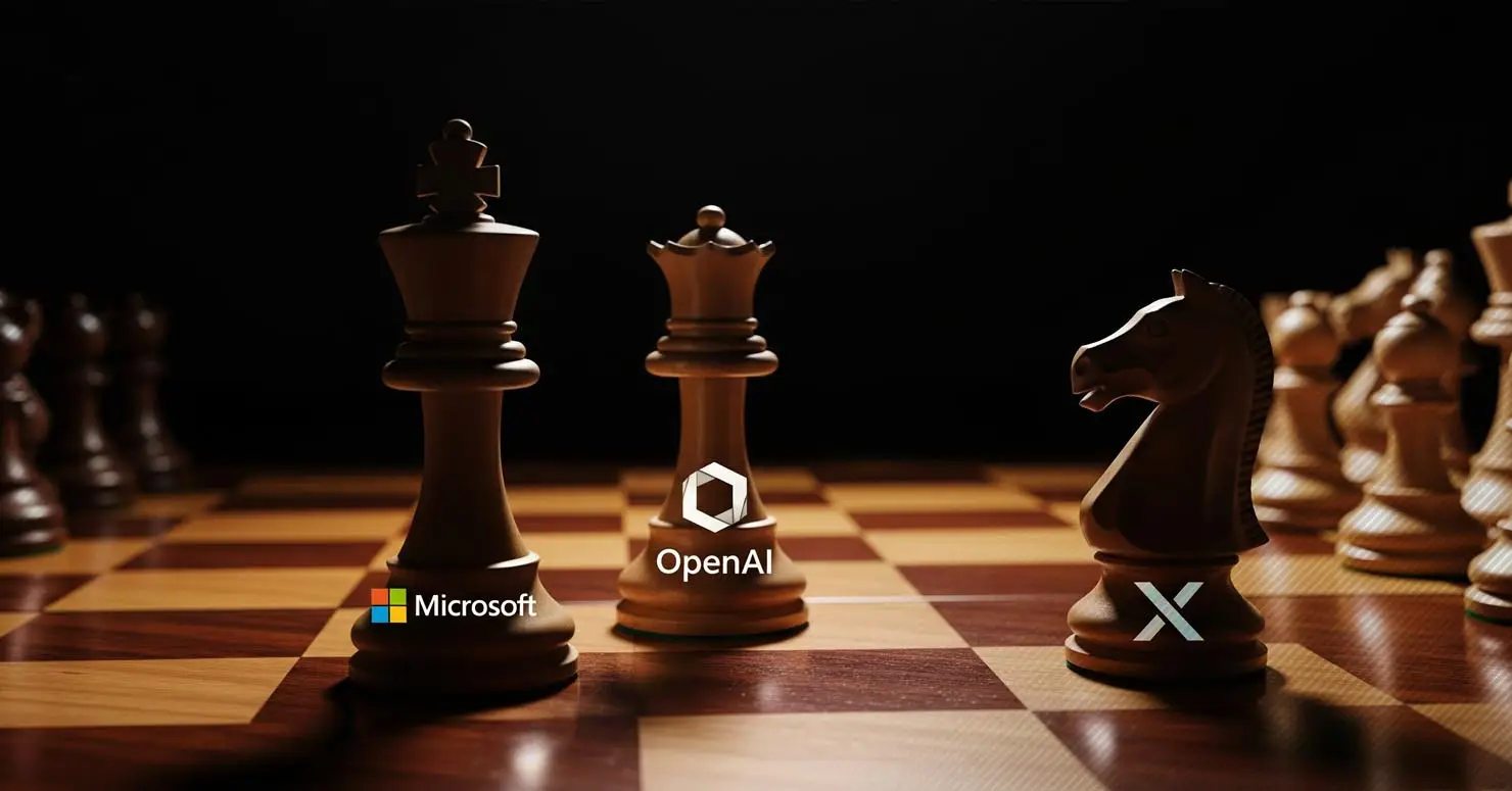 A chessboard with Microsoft, OpenAI, and X-themed pieces, symbolizing the AI power play.