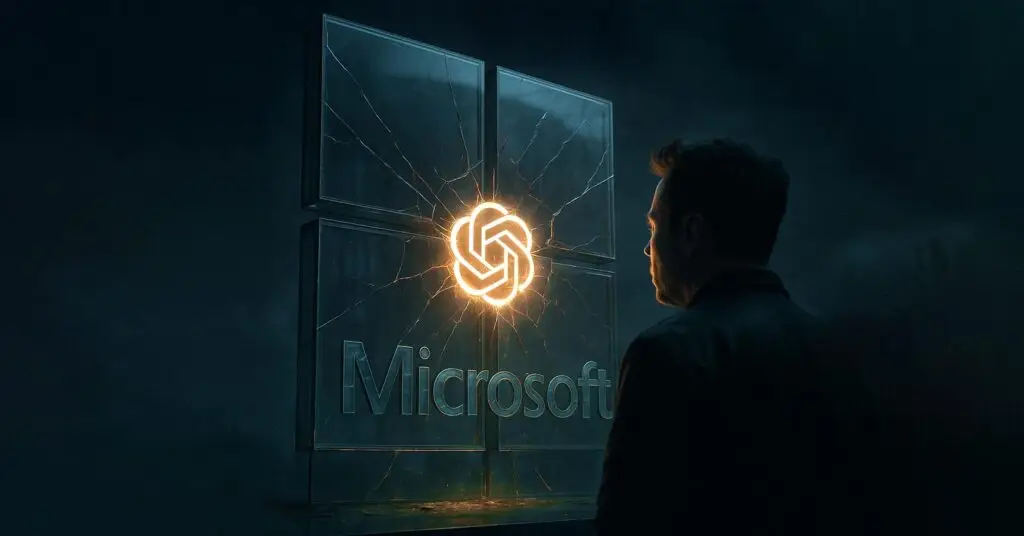 A glass Microsoft logo being cracked from within by an OpenAI logo, representing Elon Musk OpenAI warning Microsoft.