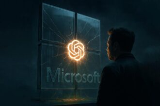 A glass Microsoft logo being cracked from within by an OpenAI logo, representing Elon Musk OpenAI warning Microsoft.