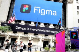 Figma IPO success celebration with stock price volatility chart showing meme stock behavior patterns