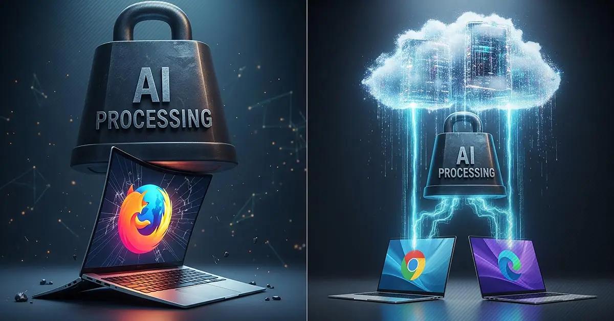 A visual comparison of browser AI, showing Firefox's on-device approach versus the cloud infrastructure of competitors.