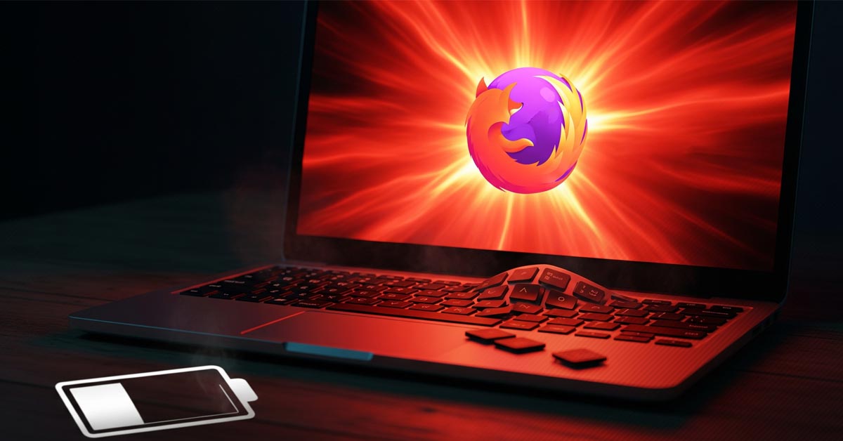 A laptop overheating due to the Firefox AI backlash, with a glowing red screen and a draining battery icon.