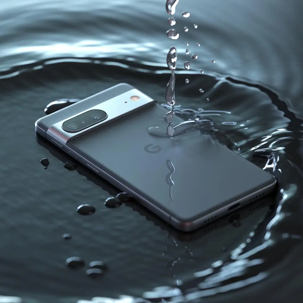 A Google Pixel 10 smartphone half-submerged in clear water, representing Google explains Pixel 10 IP68 rating.