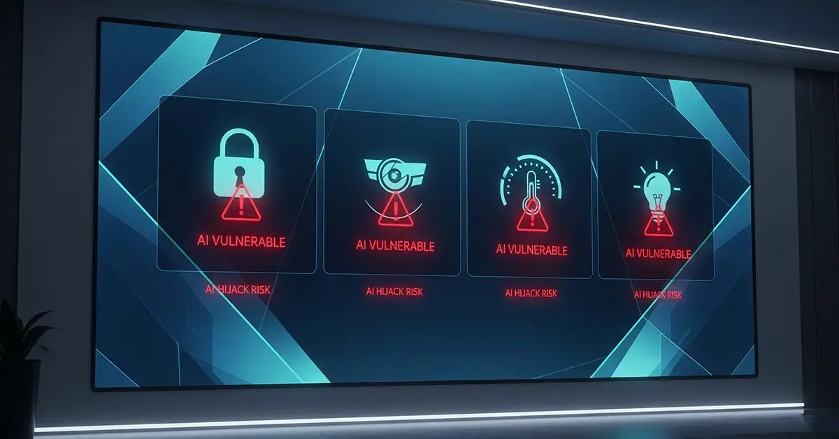 Smart home security dashboard showing various connected devices vulnerable to AI hijacking attacks