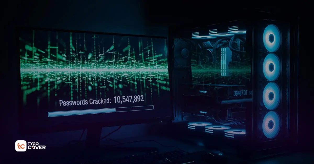 A powerful computer rig with glowing GPUs displaying lines of code rapidly cracking passwords on a screen.