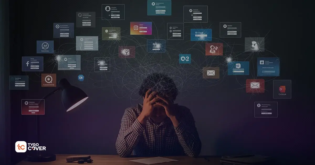 A person looking stressed, surrounded by floating login screens for different websites, trying to juggle multiple passwords.