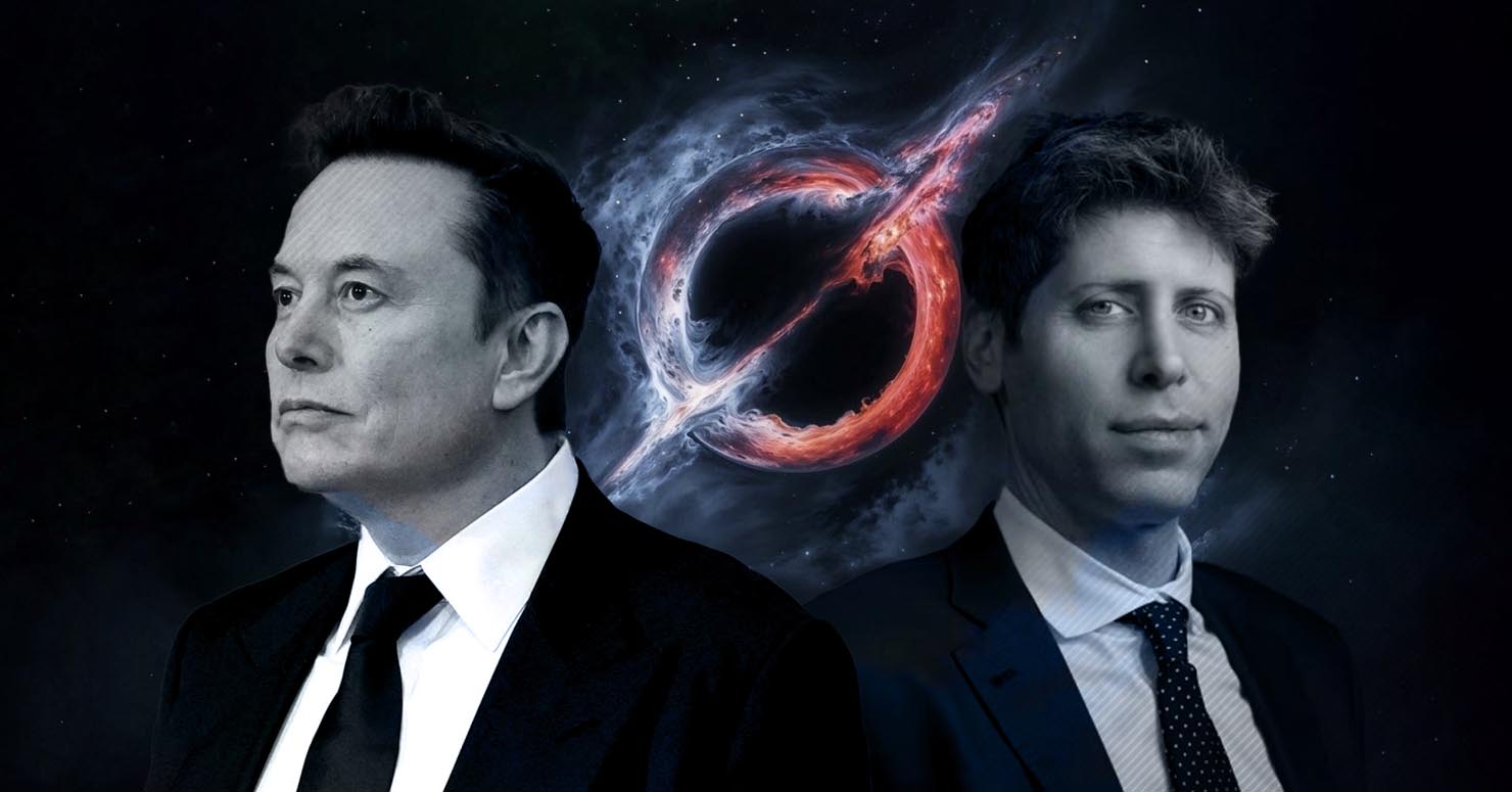 A dramatic split screen showing Elon Musk and Sam Altman, representing their public Grok AI update after algorithm dispute..
