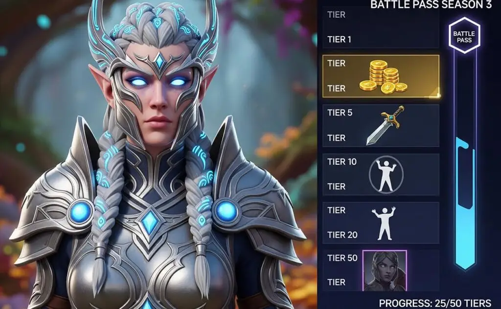 A split-screen image comparing different in-game purchases: a cosmetic character skin on one side and a battle pass progression screen on the other.