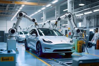 A Tesla Model Y on an assembly line, representing how Tesla survived the chip shortage through its unique manufacturing process.