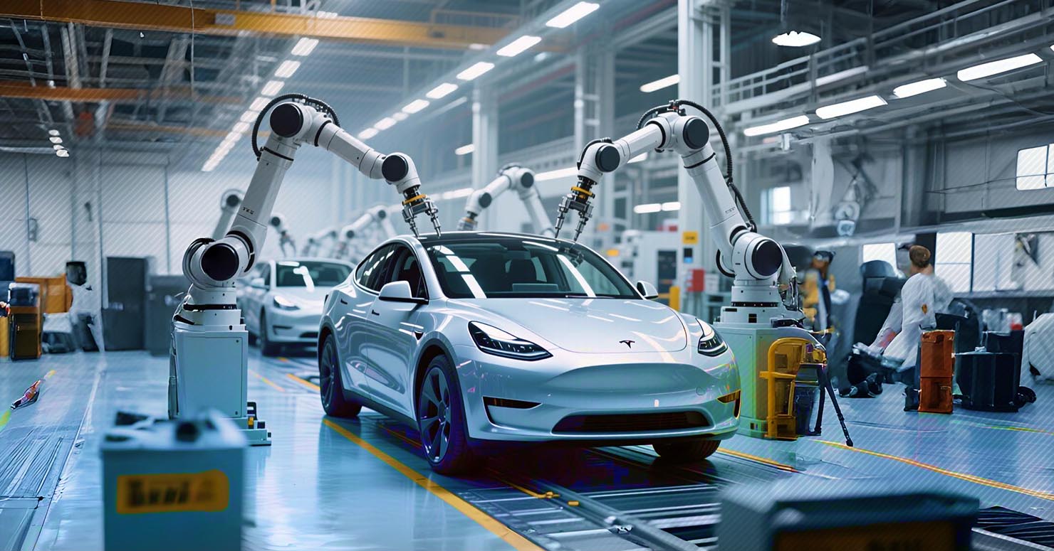 A Tesla Model Y on an assembly line, representing how Tesla survived the chip shortage through its unique manufacturing process.