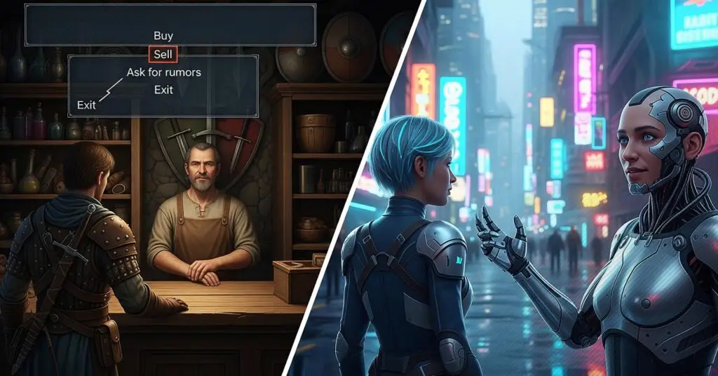 A split-screen image comparing a classic, rigid NPC with a modern, emotionally expressive AI-driven NPC.