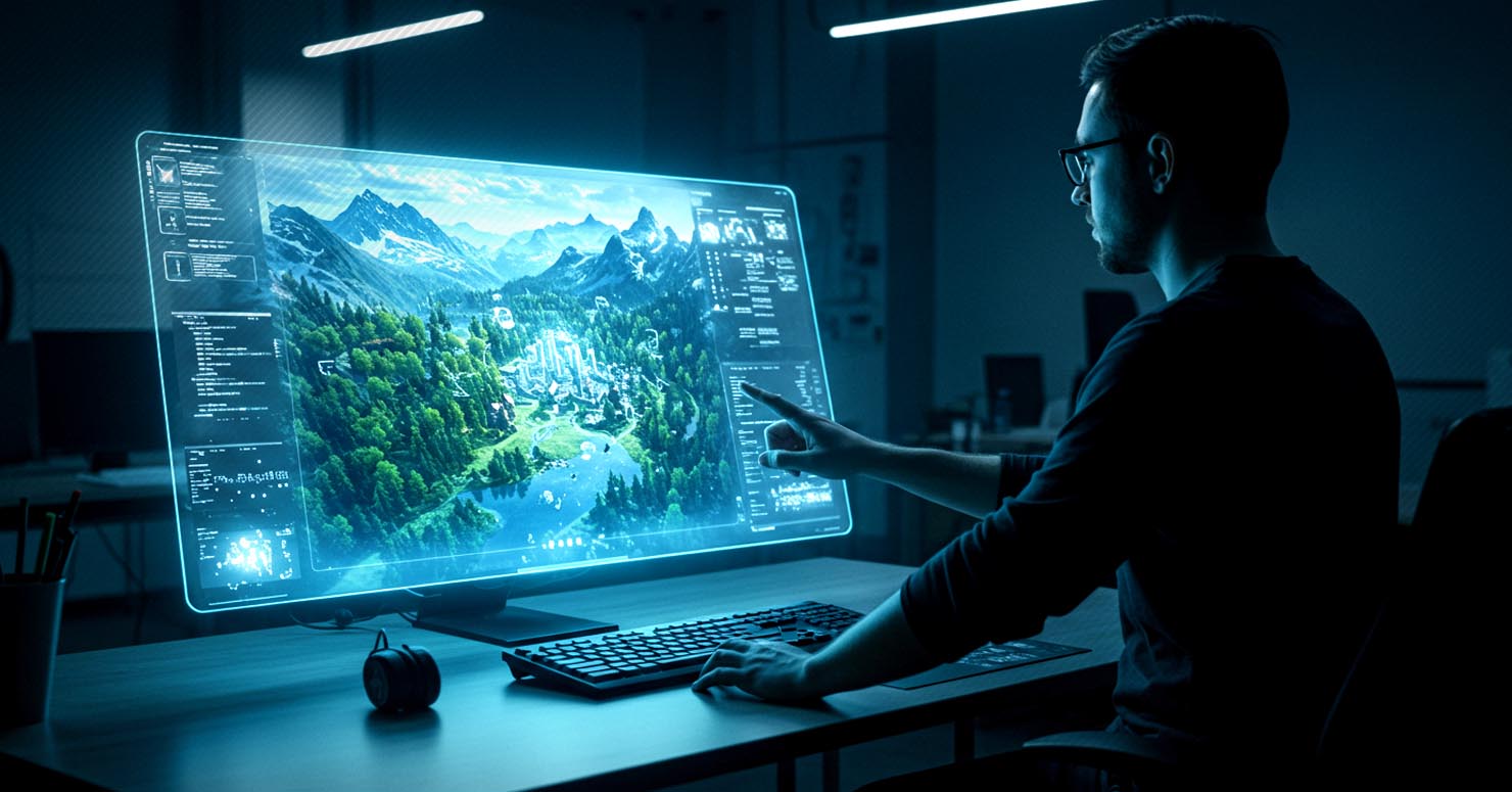 A developer using a holographic interface to illustrate the impact of artificial intelligence in gaming in 2025 by creating a vibrant, detailed game world.