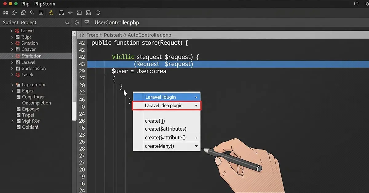 The PhpStorm Laravel plugin in action, showing its powerful Laravel code generation capabilities that are now part of the Laravel Idea free update.