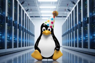 The Linux penguin mascot, Tux, standing in front of a modern server rack, symbolizing the Linux 34th anniversary.