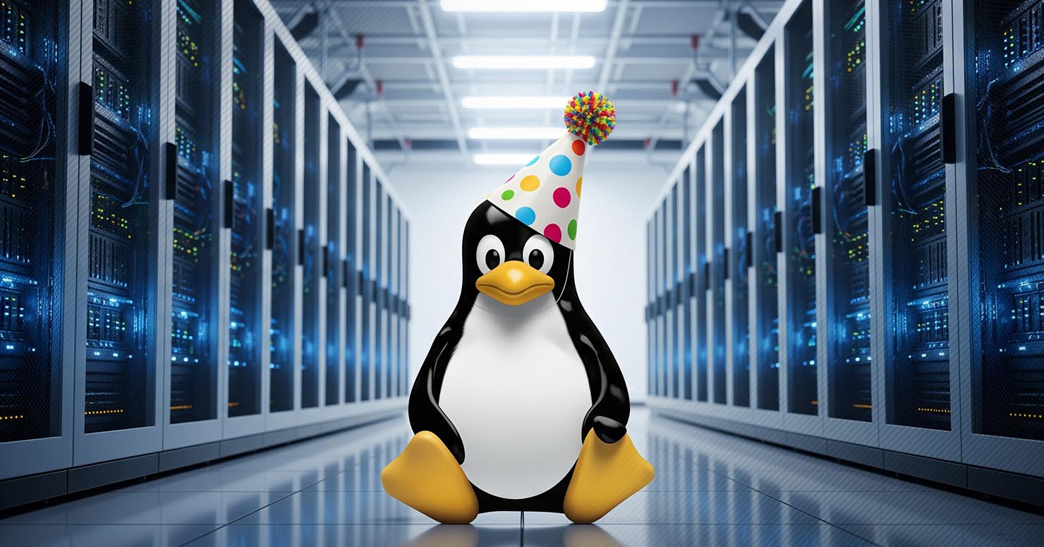 The Linux penguin mascot, Tux, standing in front of a modern server rack, symbolizing the Linux 34th anniversary.