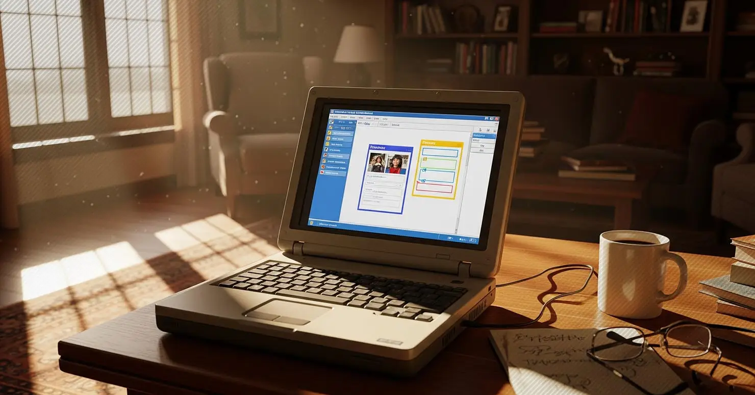 An illustration of the early days of Canva, showing a simple yearbook design tool on a laptop in a living room setting.
