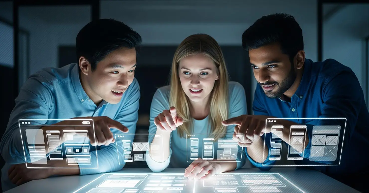 A symbolic image of three diverse individuals collaborating around a glowing screen, representing the founding team of Canva.