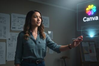 A cinematic portrait illustrating the Melanie Perkins Canva success story, showing her journey from rejection to triumph.