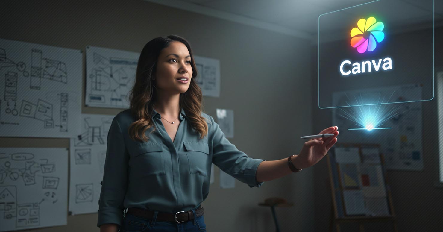 A cinematic portrait illustrating the Melanie Perkins Canva success story, showing her journey from rejection to triumph.