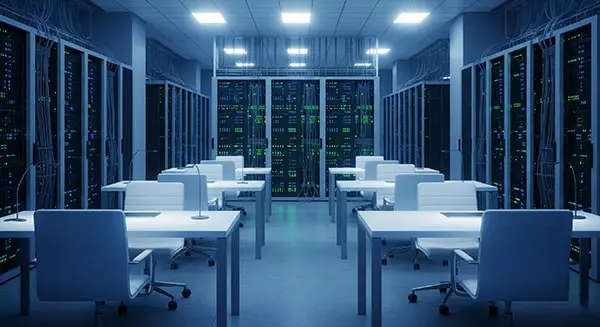 A server room with empty desks, meta ai hiring freeze