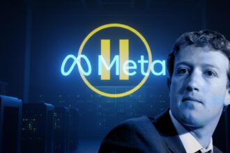 The Meta logo with a yellow 'caution' sign over it, representing the Meta AI hiring freeze.