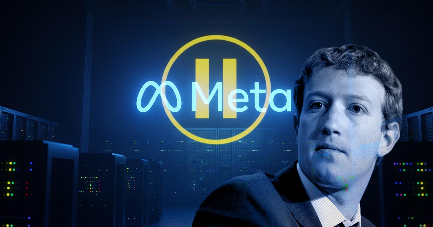 The Meta logo with a yellow 'caution' sign over it, representing the Meta AI hiring freeze.