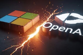 he Microsoft logo and the OpenAI logo with a crack forming between them, representing the launch of Microsoft AI Launches in-house AI models.