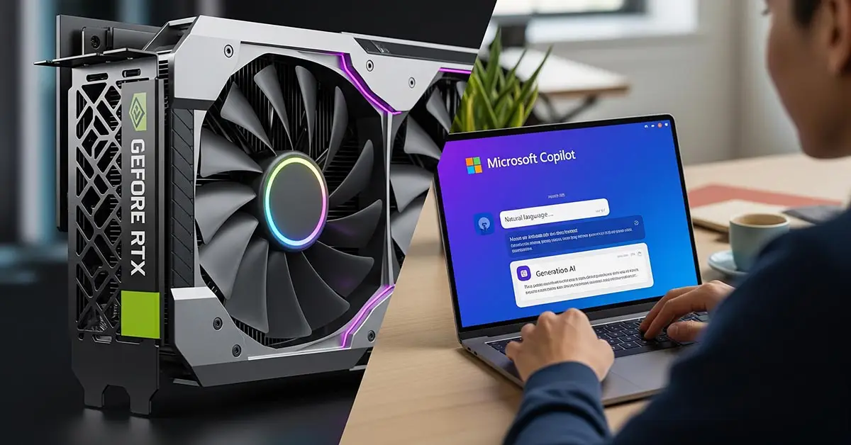 A split-screen image comparing hardware and software strategies in the Microsoft vs Nvidia AI race to a multi-trillion dollar valuation.