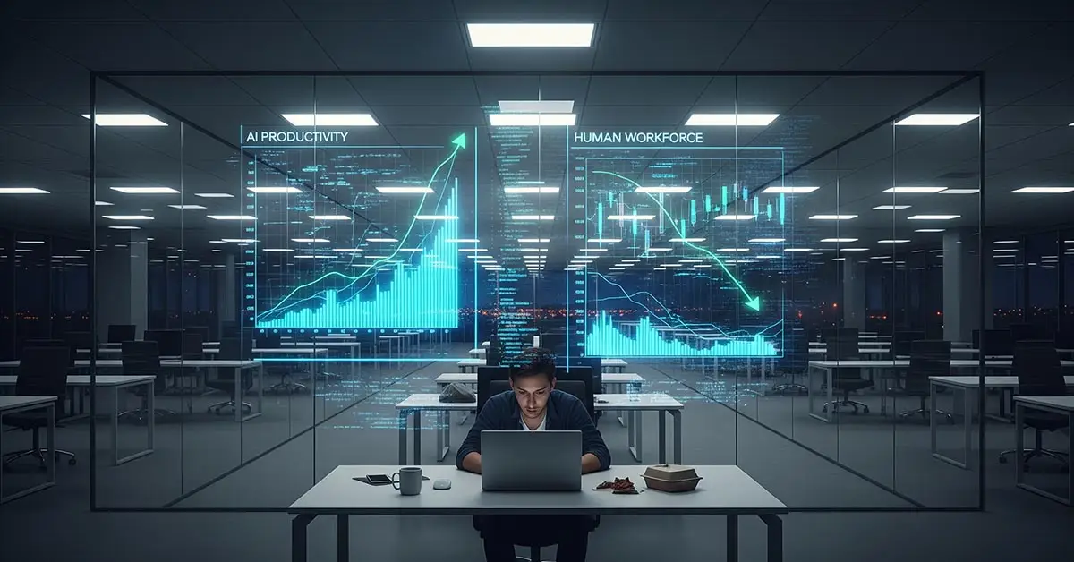 A person working alone in a large office, symbolizing the complex relationship between AI productivity, the potential AI stock bubble 2025, and workforce changes.