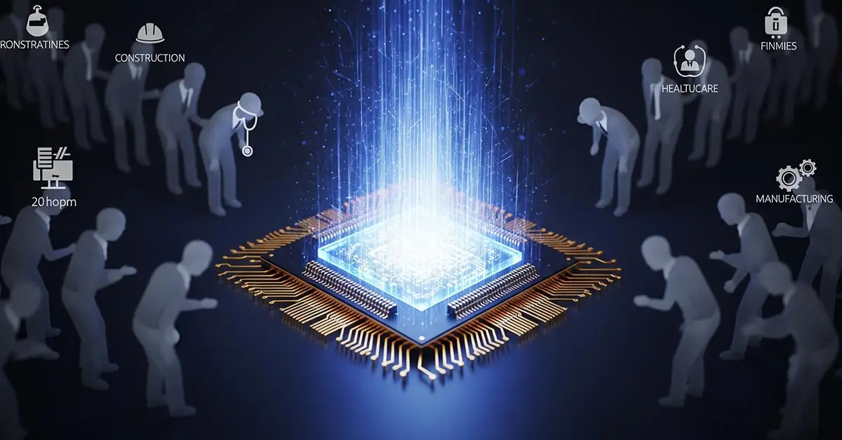 A glowing GPU with a long queue of industries waiting, symbolizing the AI hardware bottleneck and the next tech shortage.