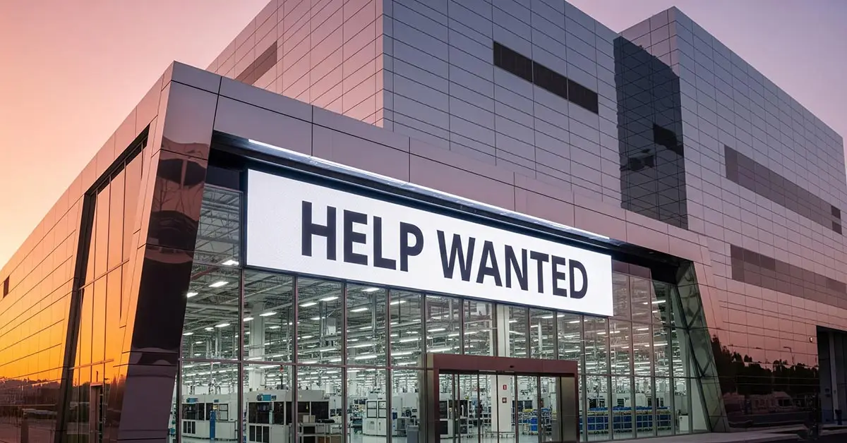 A new, empty semiconductor factory with a 'Help Wanted' sign, illustrating the tech talent gap as a potential supply chain crisis.