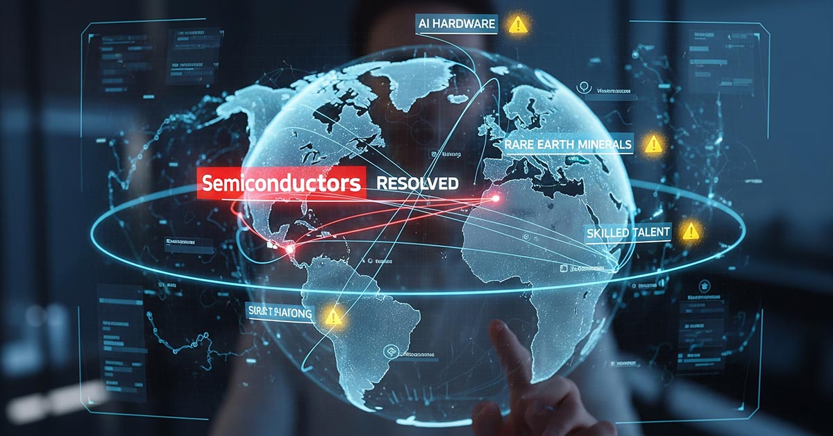 A holographic map showing the next potential supply chain crisis, with warnings for an AI hardware bottleneck and a tech talent gap.