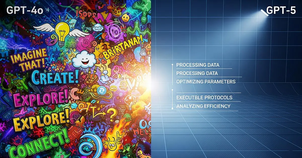 A split-screen image showing a warm, creative AI interface on one side and a cold, corporate one on the other.