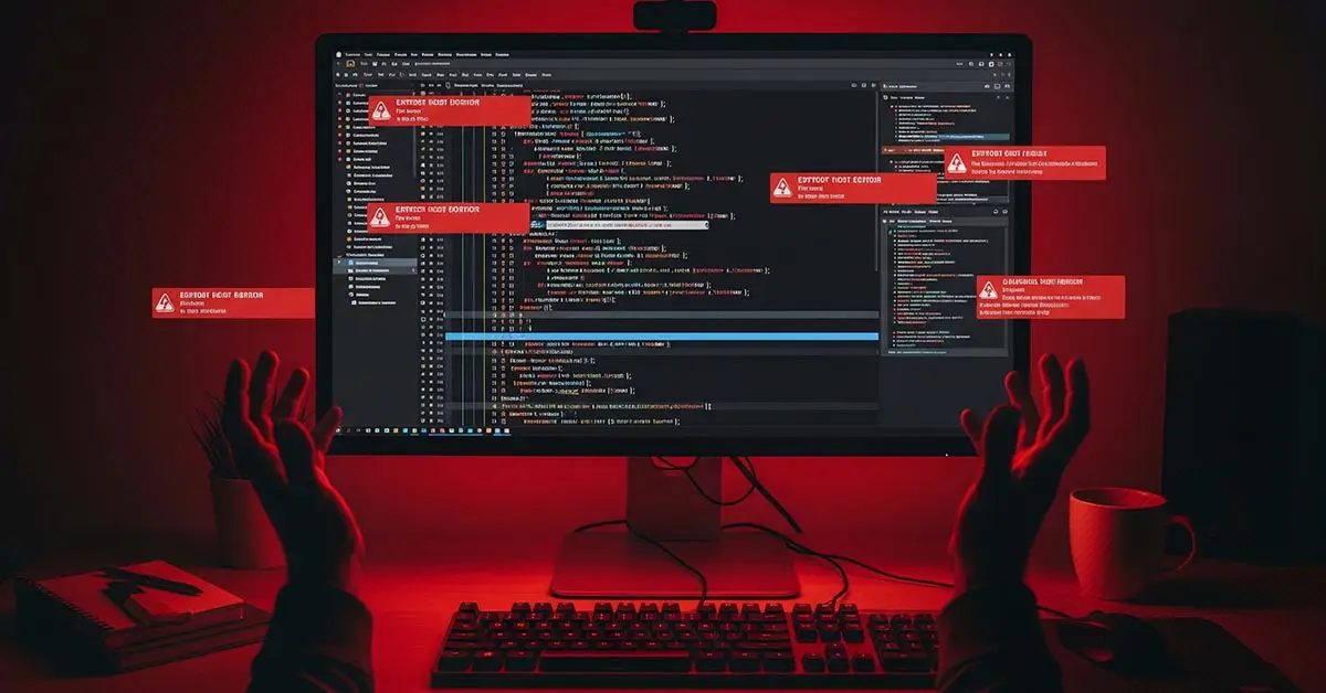 A developer's desk with code on the screen showing error messages, symbolizing broken workflows from the GPT-5 update.