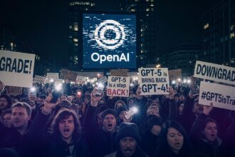 A crowd of diverse people looking up at a giant, cold, monolithic server tower, illustrating the OpenAI GPT-5 backlash.